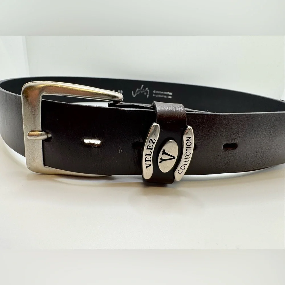 VELEZ COLLECTION GENIUNE LEATHER MEN'S BELT SILVER‎ BUCKLE